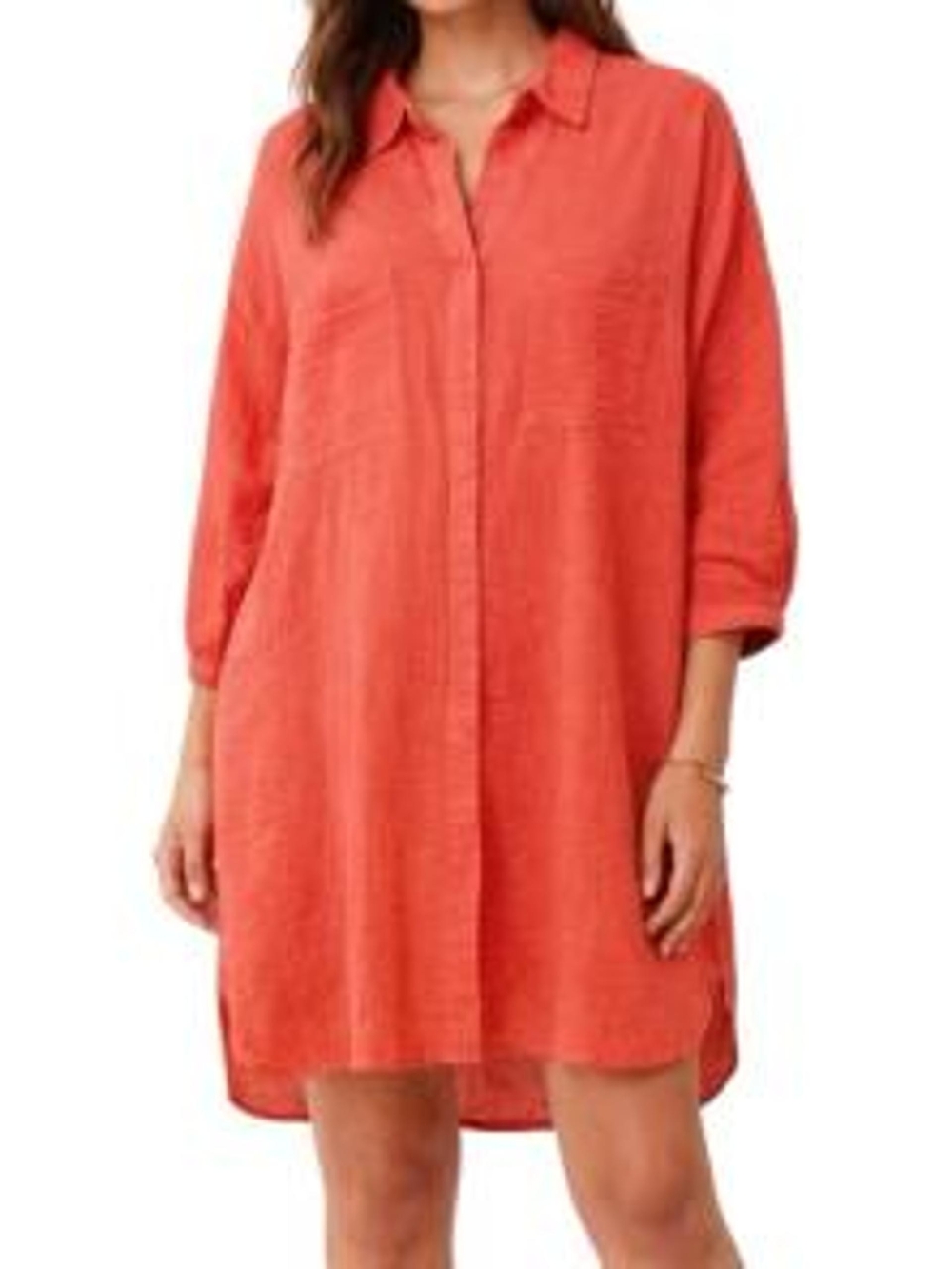 Young Fabulous & Broke YFB Cotton Gauze Shirt Dress Tunic Coral Red Size M